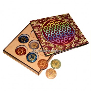 Engraved Seven Chakra Set With Flower of Life Gift Box