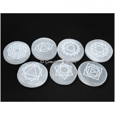 Selenite Engraved Disc Seven Chakra Set