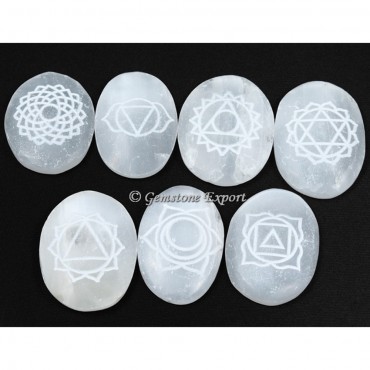 Selenite Engraved Cabochon Seven Chakra Set