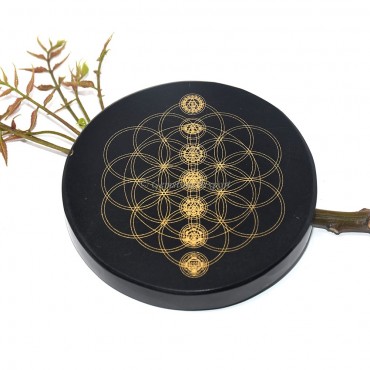 Black Agate Engraved Seven Chakra Flower Of Life Coaster