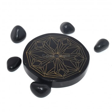 Black Agate Engraved Geometric Flower Of Life Coaster