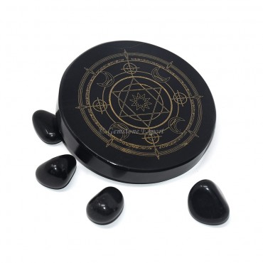 Black Agate Engraved Star And Moon Coaster