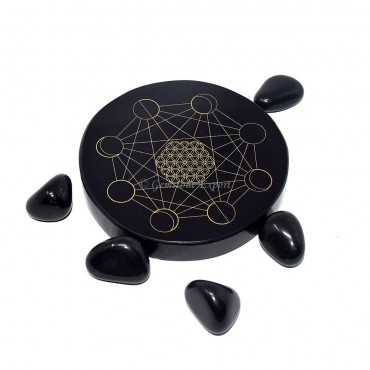 Black Agate Engraved Flower Of Life With Phases Of Moon Coaster