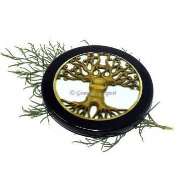 Black Agate Engraved Colourful Tree Of Life Coaster