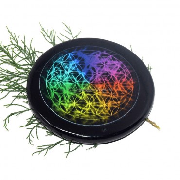 Black Agate Engraved Flower Of Life Colourful Coaster