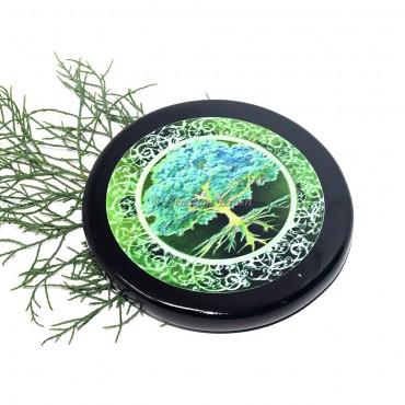 Black Agate Engraved Tree Of Life Colourful Coaster
