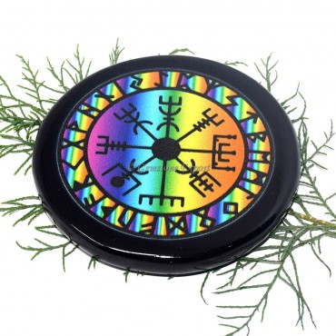 Black Agate Printed Colourful Vejvisir Runic  Compass Coaster