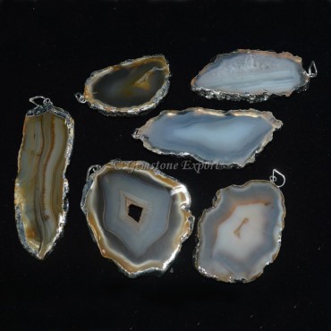 Electroplated Agate Slices Silver Pendants