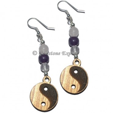 Ying Yang Wooden With Stone Earrings