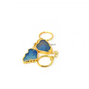 Blue Agate Onyx Keychain Gold Plated