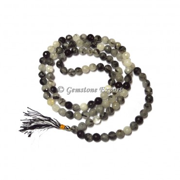 Black Rutile Quartz Faceted Jap Mala