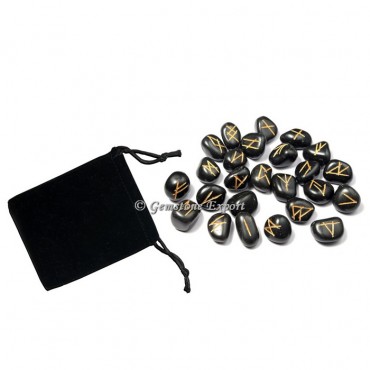 Black Agate Rune Set Golden Engraved