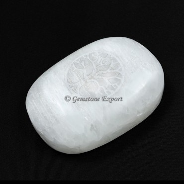 Engraved Tree Of Life on Selenite Tumbled Stone