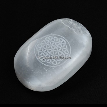 Engraved Flower Of Life on Selenite Tumbled Stone