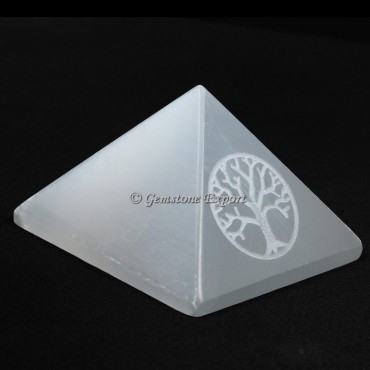 Selenite Pyramid With Engraved Tree Of Life