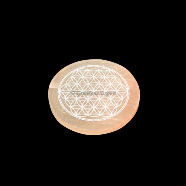 Orange Selenite Plate With Flower Of Life Engraved