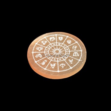 Orange Selenite Plate With Zodiac Wheel Engraved