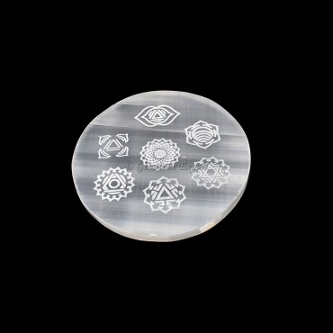 Selenite Plate With Seven Chakra Symbols Engraved