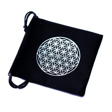 Flower Of Life Design Silver Print Black Velvet Pouch