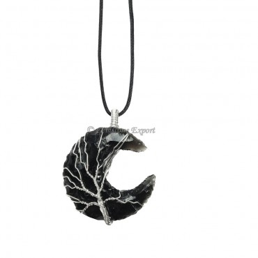 Black Obsidian Moon Wire Wrap Pendant