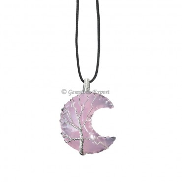 Rose Quartz Glass Moon Wire Wrap Pendant