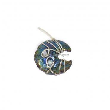 Rainbow Titanium Moon Silver Wire Wrap Pendant