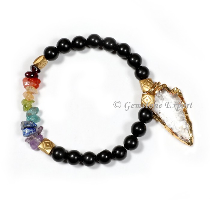 Black Agate With Seven Chakra  Gemstone Bracelets With Arrowhead
