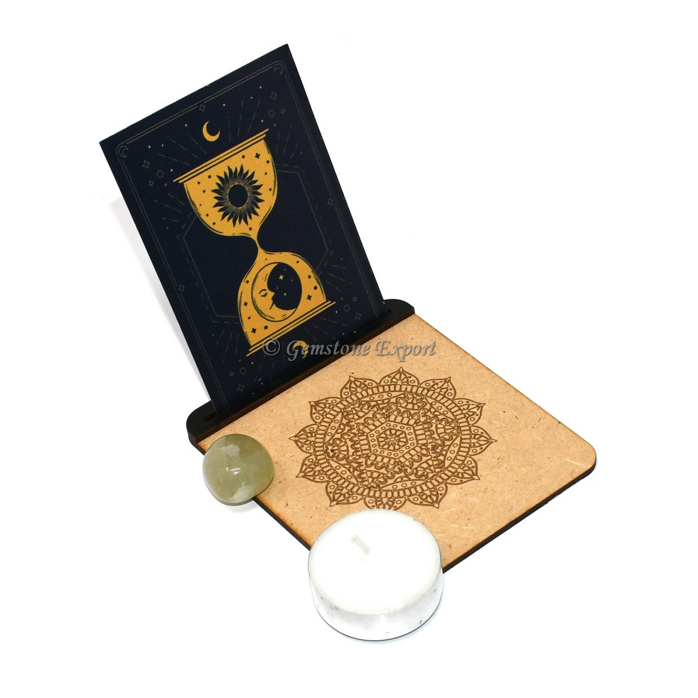 Green Aventurine Mandala Engraved Tealight Candle Holder with Card Slot