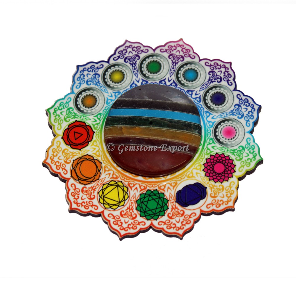 Chakra Symbols Mandala Wooden Coaster with Bonded Chakra Disc