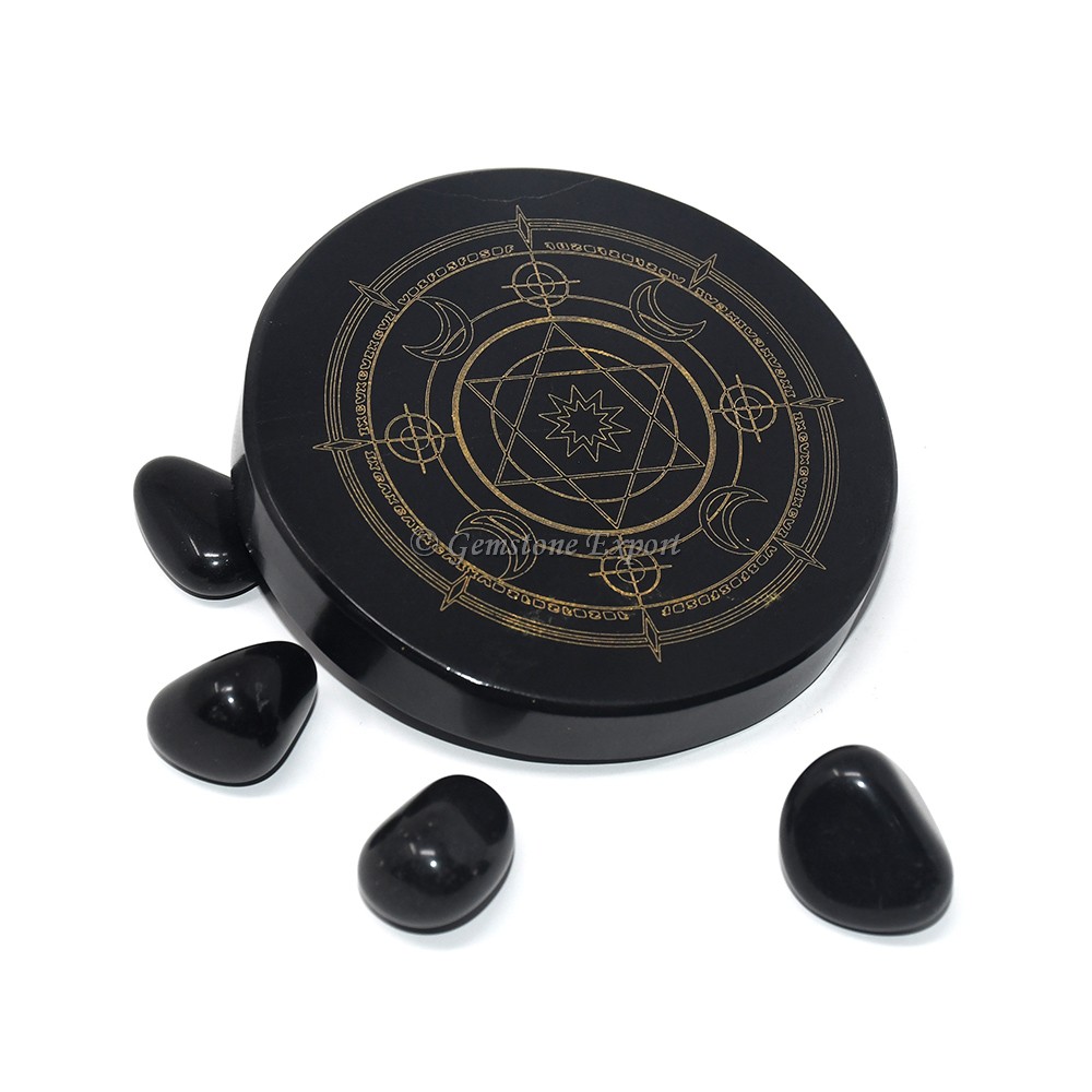 Black Agate Engraved Star And Moon Coaster