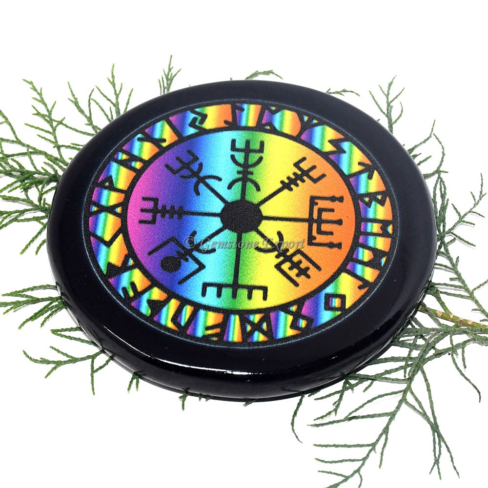 Black Agate Printed Colourful Vejvisir Runic  Compass Coaster