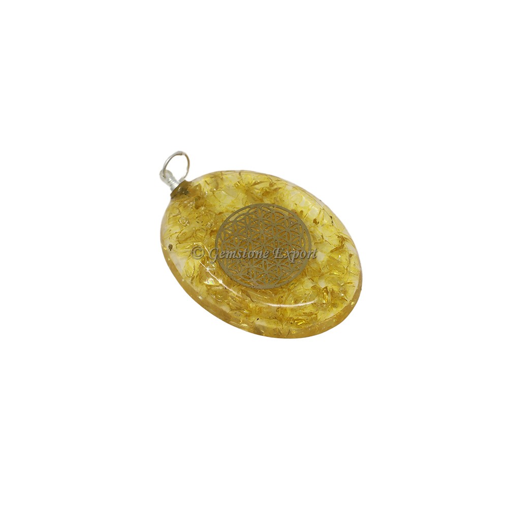 Citrine With Flower Of Life Oval Orgone Pendant