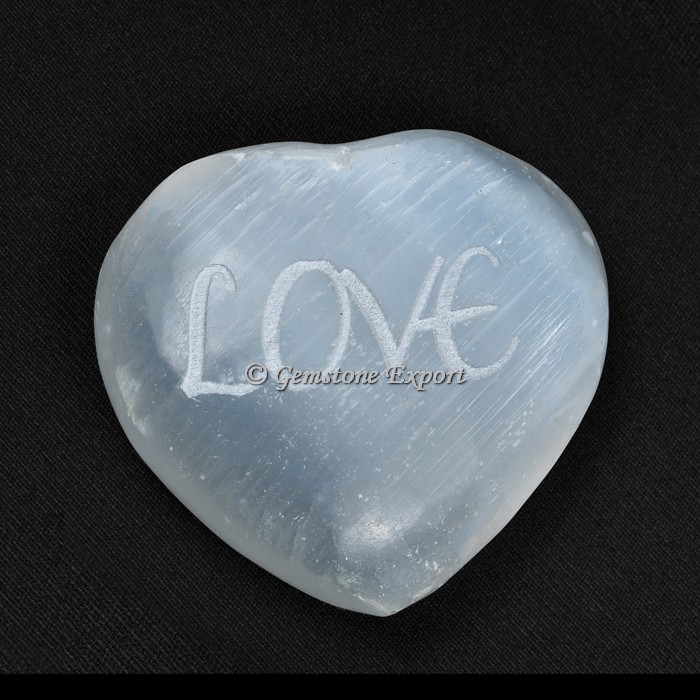 Engraved Love on Selenite Puffy Heart