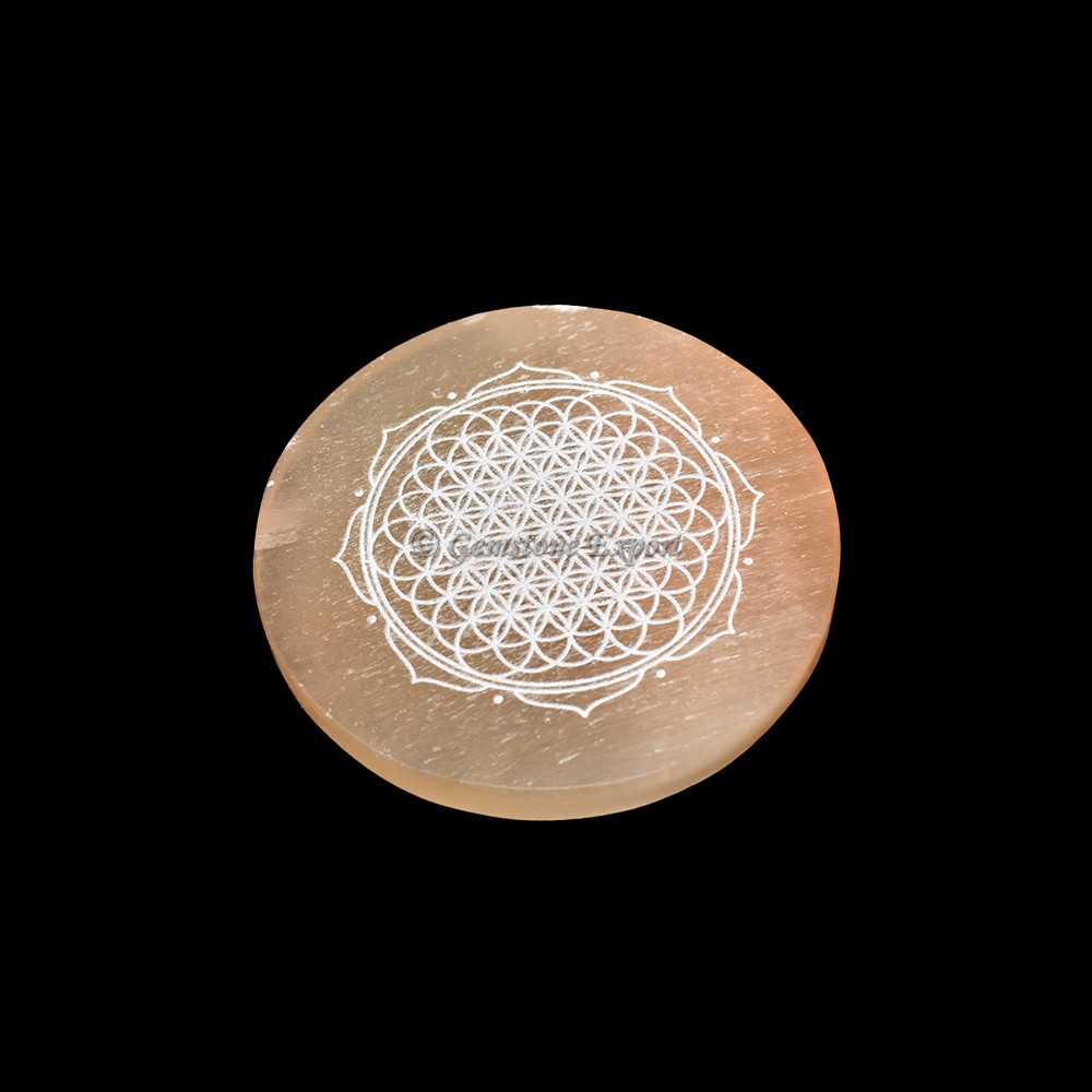 Orange Charging Selenite Plate With Flower Of Life Engraved